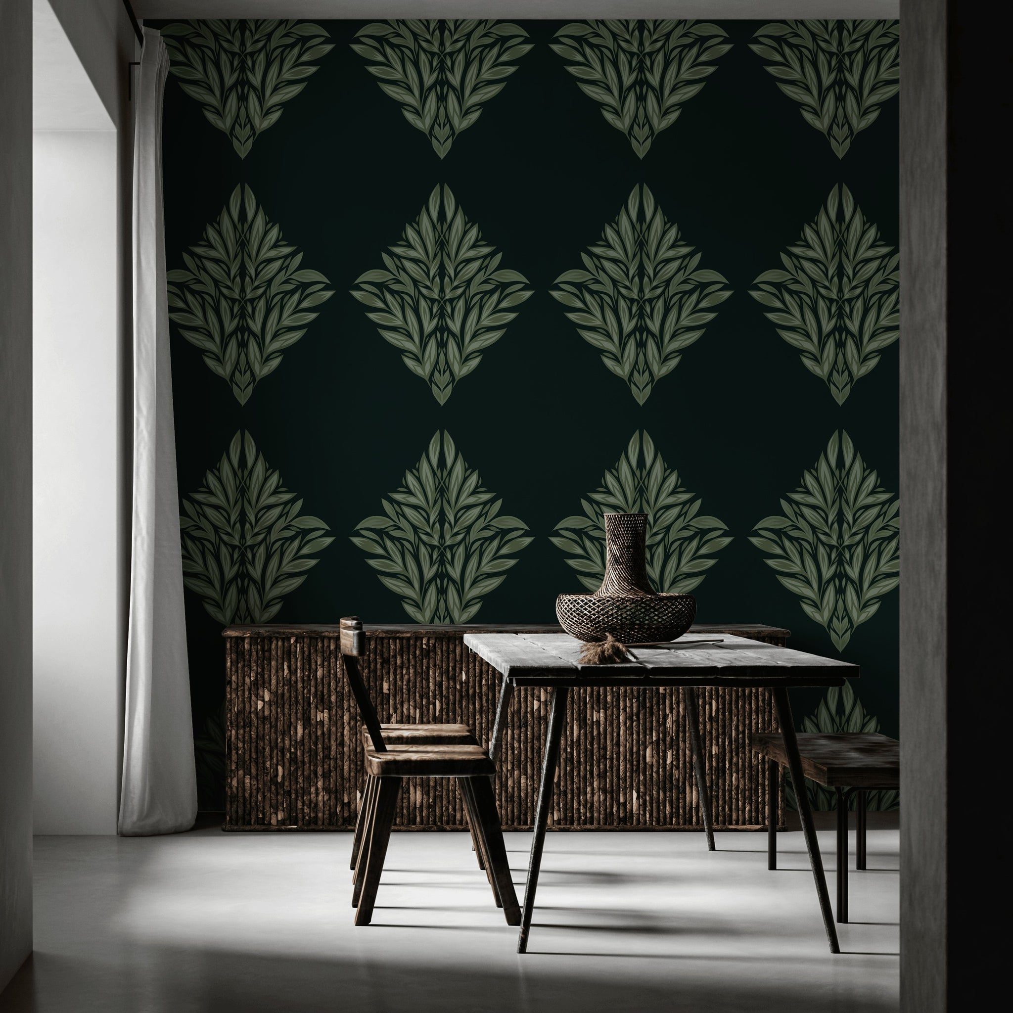 Art Deco Yaprak Motifli Duvar Kağıdı Koyu Yeşil Desenli