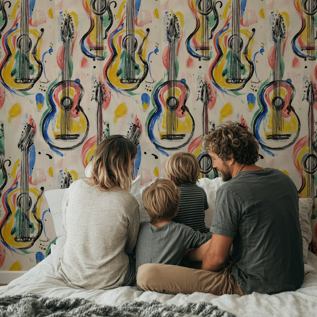 Renkli Gitar Desenli Duvar Kağıdı Müzik Temalı Modern