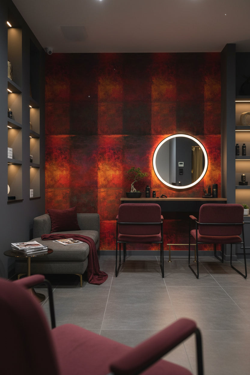 Soyut Kare Desenli Duvar Kağıdı Kırmızı Siyah Modern Salon