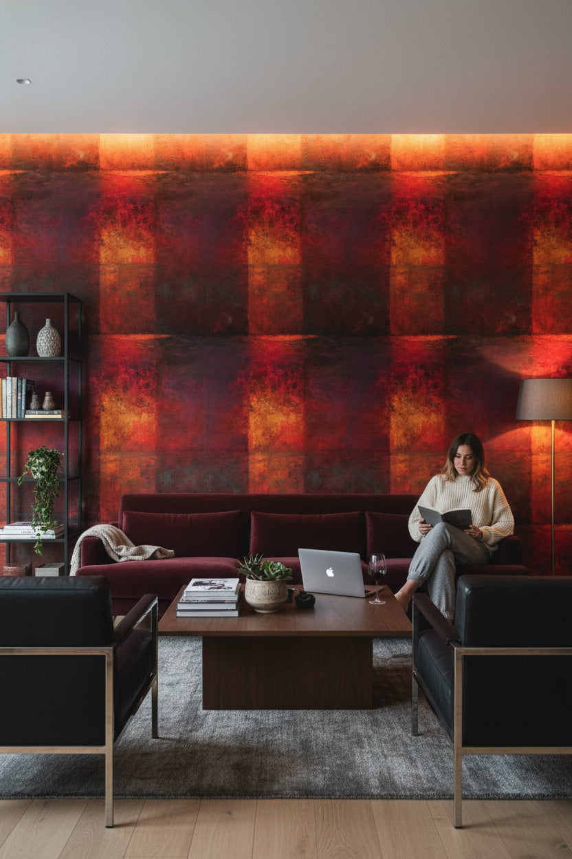 Soyut Kare Desenli Duvar Kağıdı Kırmızı Siyah Modern Salon
