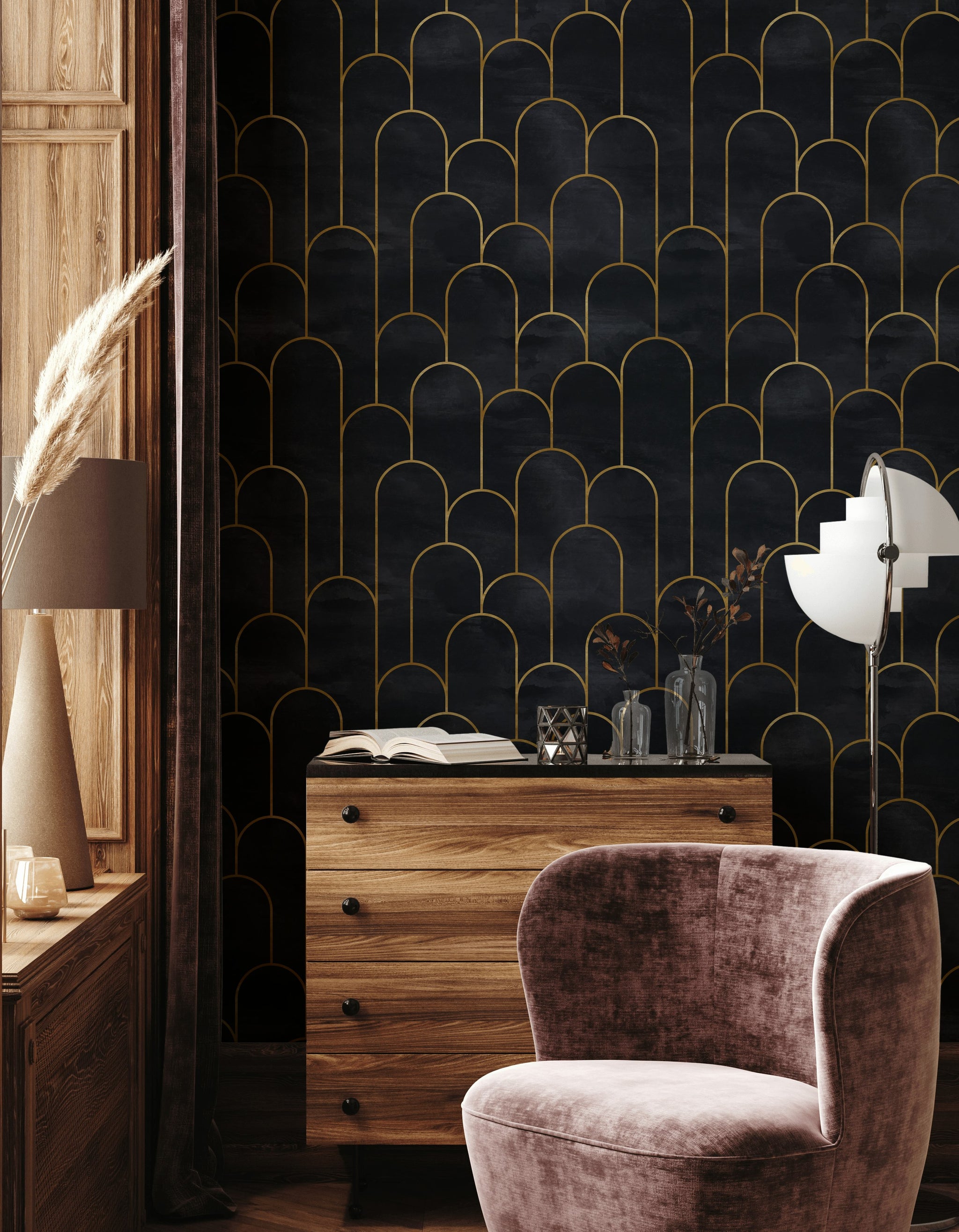 Altın Çizgili Art Deco Duvar Kağıdı Lacivert Salon