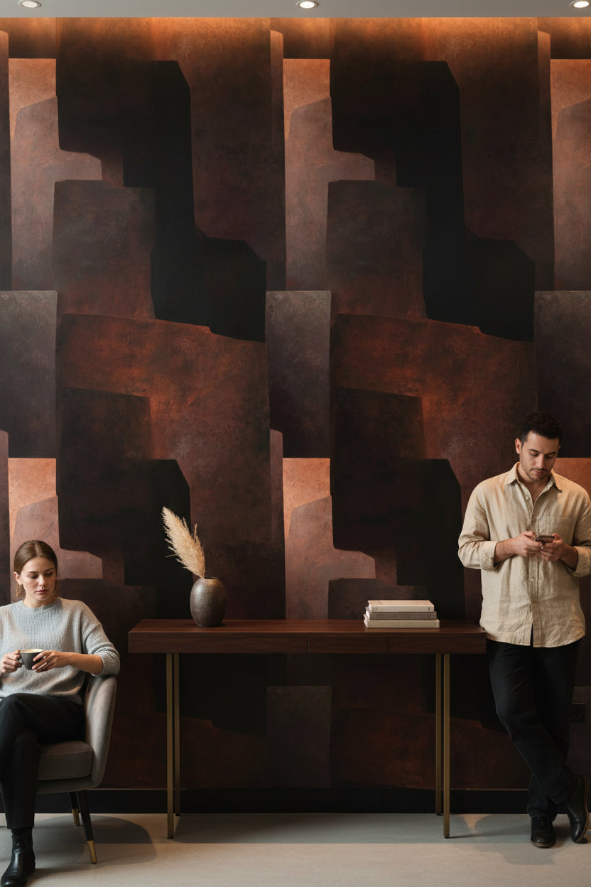 Geometrik Soyut Duvar Kağıdı Siyah Pas Rengi Modern