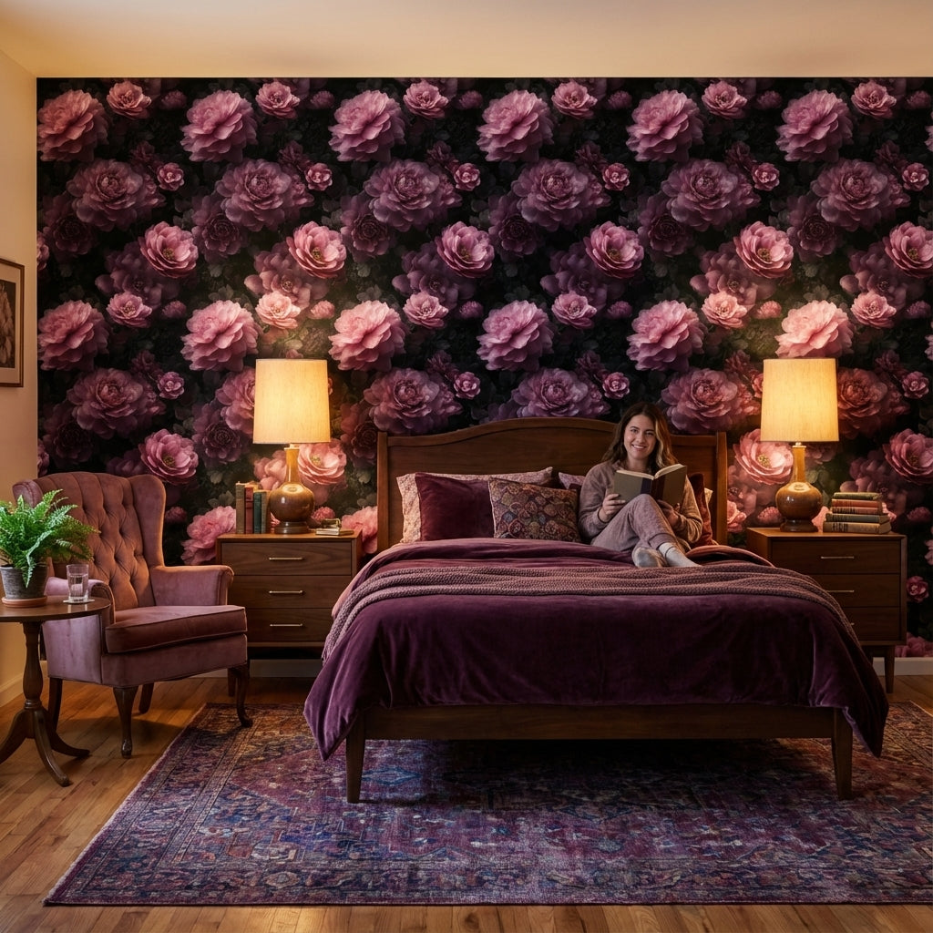 Koyu Zeminde Mor Şakayık Duvar Kağıdı Çiçek Desenli Salon
