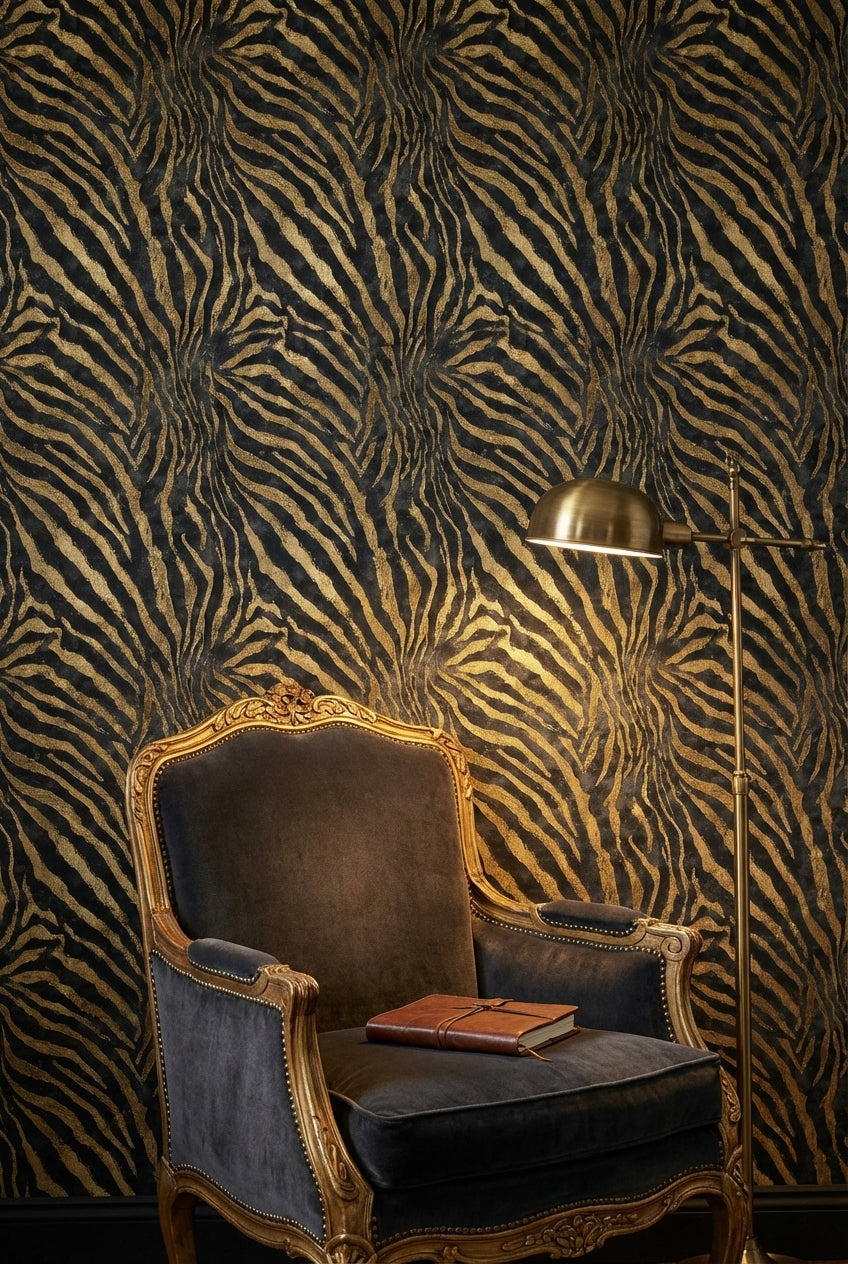 Zebra Desenli Duvar Kağıdı Siyah Altın Salon