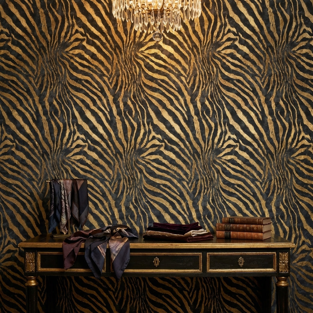 Zebra Desenli Duvar Kağıdı Siyah Altın Salon