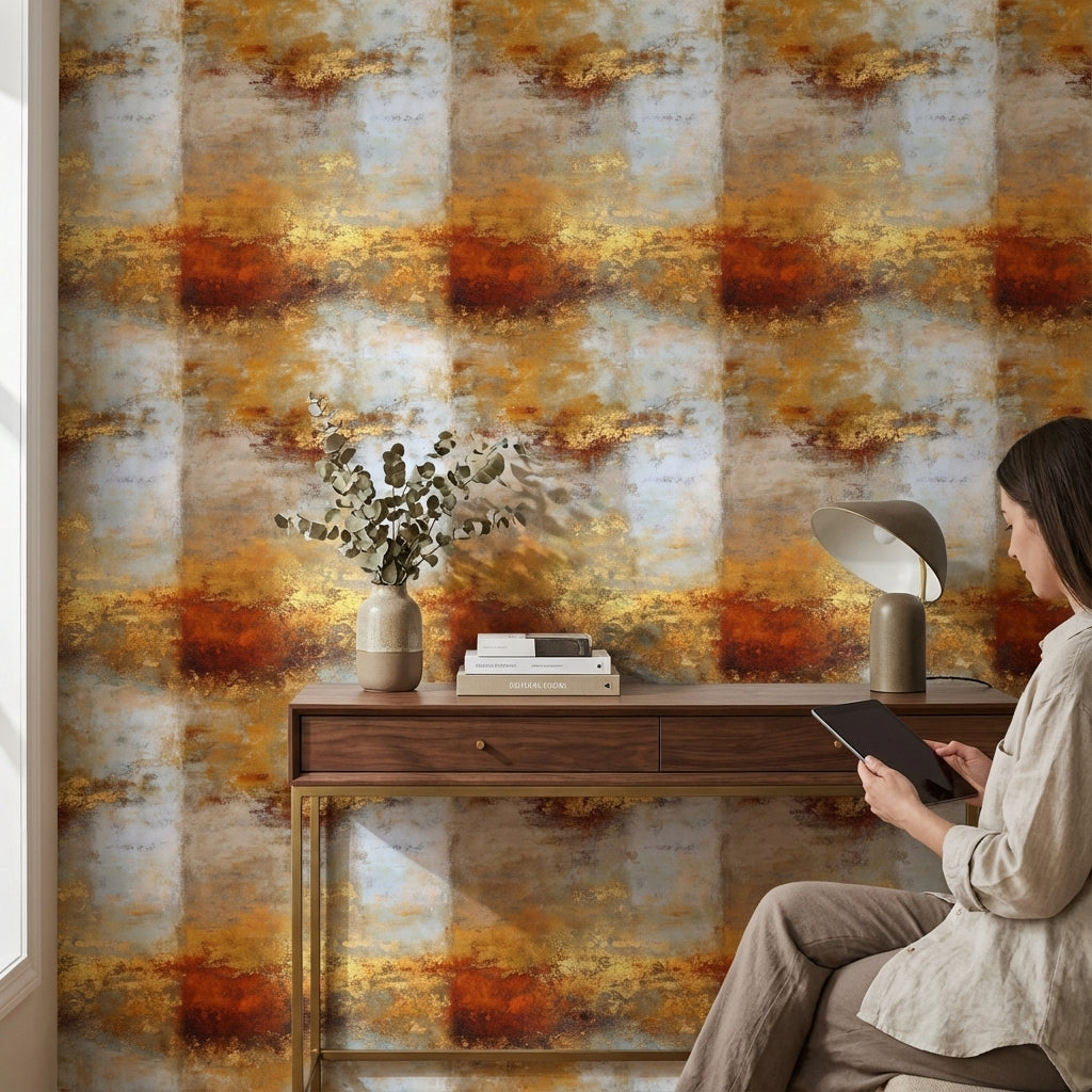 Soyut Kare Desenli Duvar Kağıdı Bej Kahverengi Salon