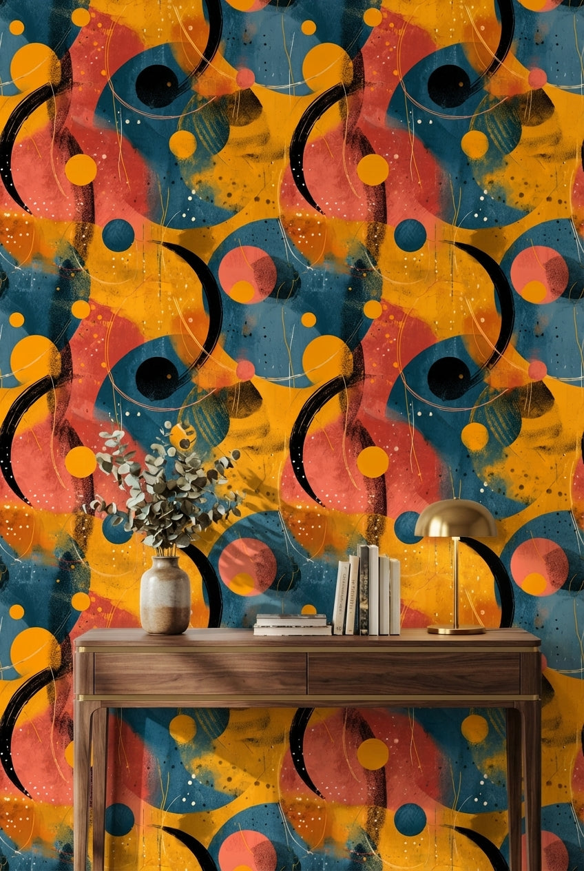 Renkli Soyut Daireli Duvar Kağıdı Modern Salon Duvar Dekoru