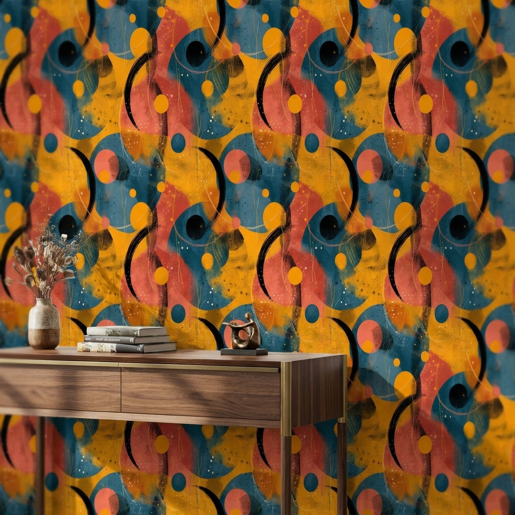 Renkli Soyut Daireli Duvar Kağıdı Modern Salon Duvar Dekoru