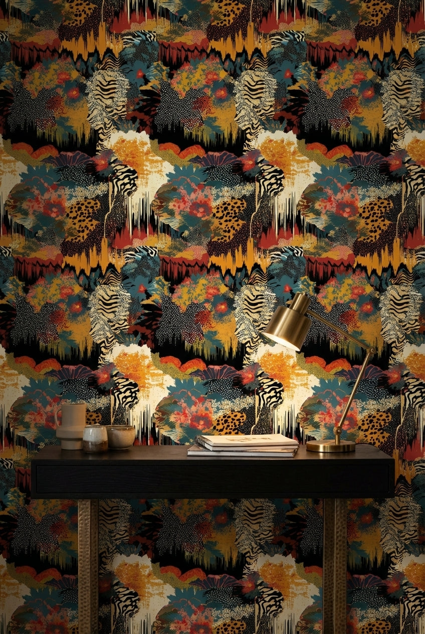 Soyut Leopar Desenli Duvar Kağıdı Çok Renkli Modern Salon