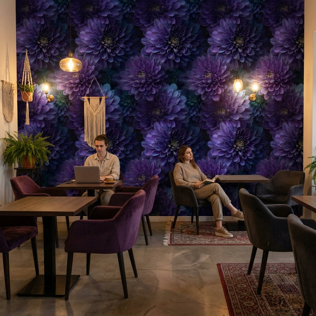 Mor Krizantem Çiçekli Duvar Kağıdı Koyu Ton Salon