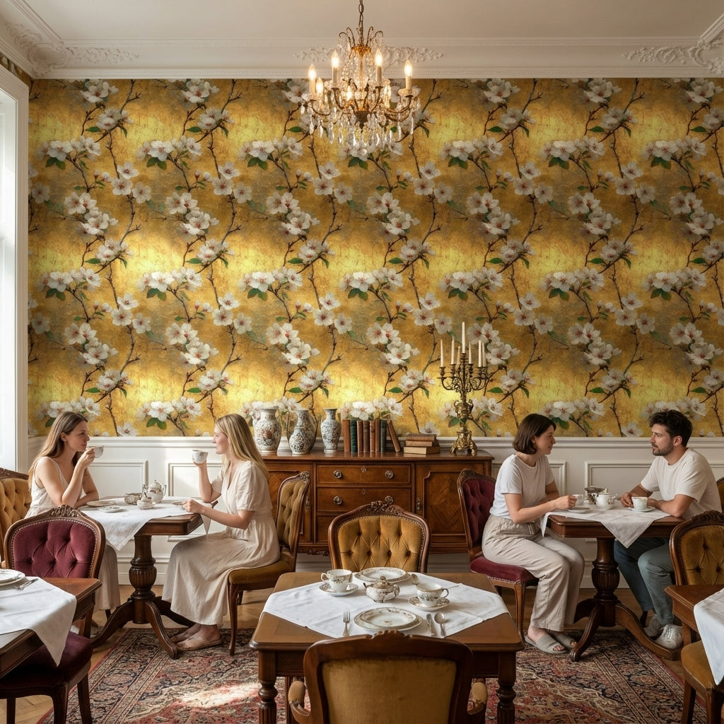 Altın Zeminli Çiçek Dallı Duvar Kağıdı Klasik Salon