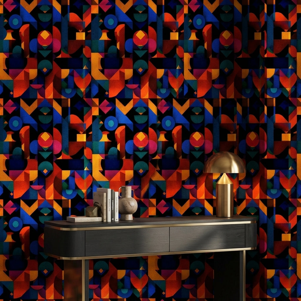 Renkli Geometrik Duvar Kağıdı Modern Soyut Desenli Salon