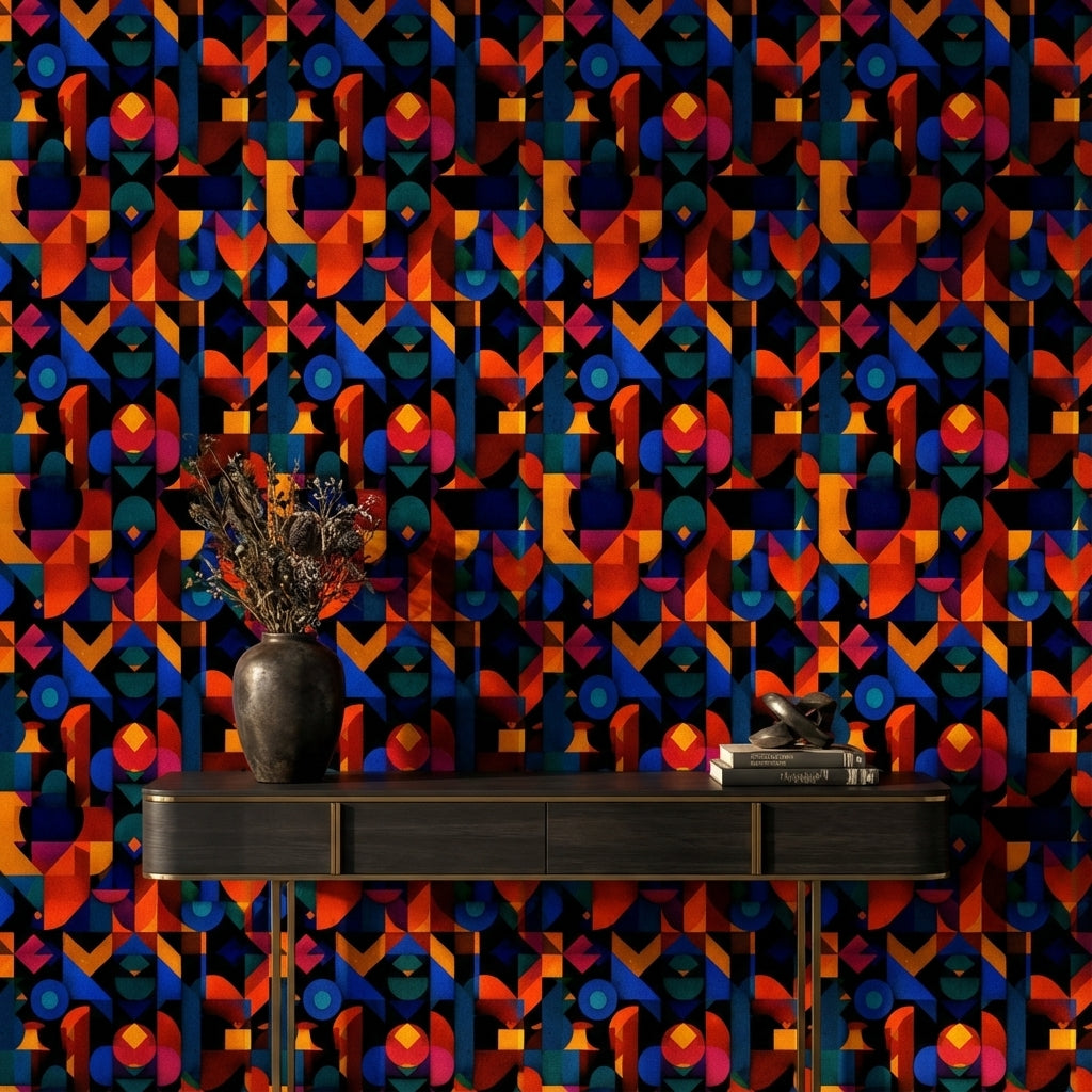 Renkli Geometrik Duvar Kağıdı Modern Soyut Desenli Salon