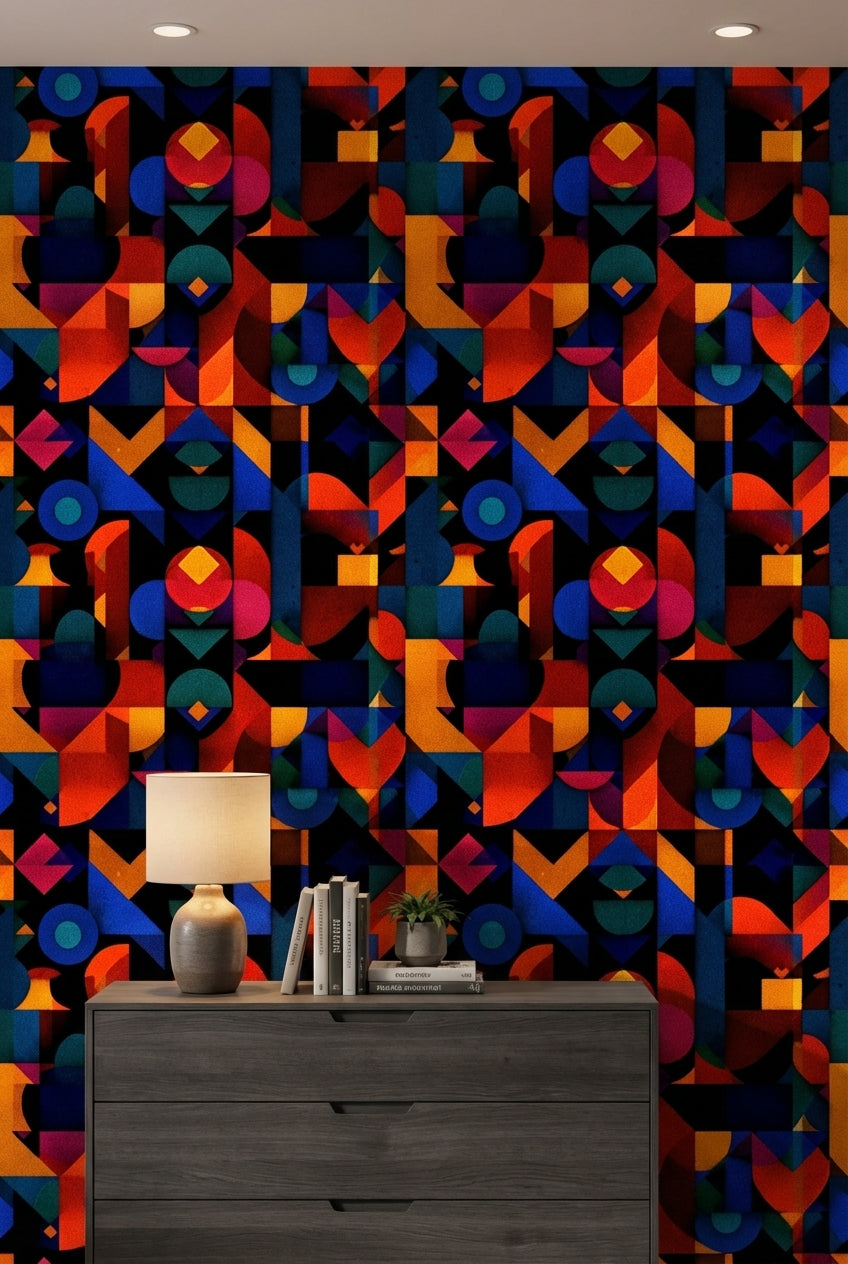 Renkli Geometrik Duvar Kağıdı Modern Soyut Desenli Salon
