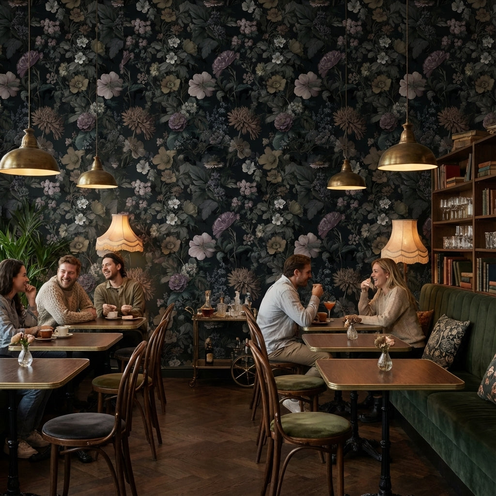 Koyu Zeminli Vintage Çiçek Desenli Duvar Kağıdı Salon