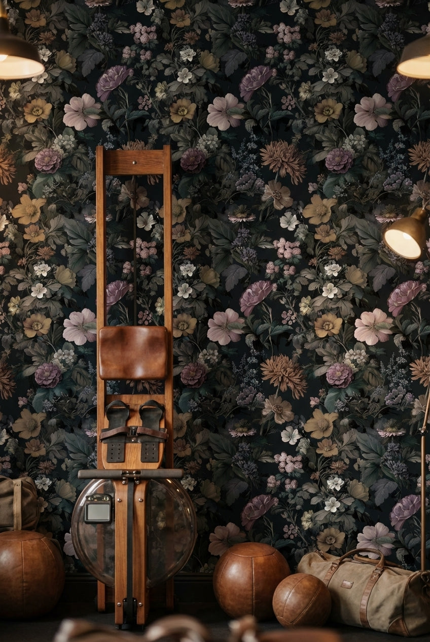Koyu Zeminli Vintage Çiçek Desenli Duvar Kağıdı Salon