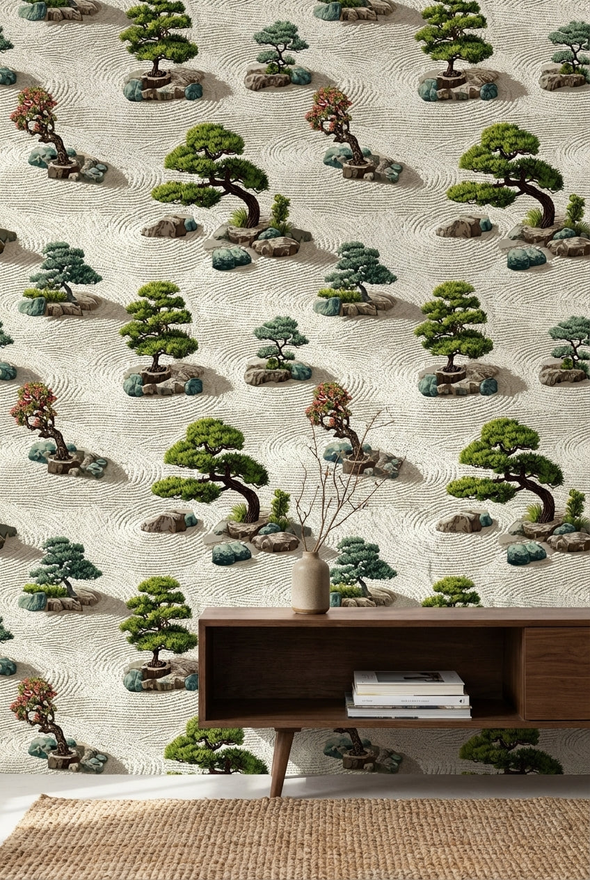 Zen Bahçesi Duvar Kağıdı Yeşil Bonsai Desenli Bej Zemin