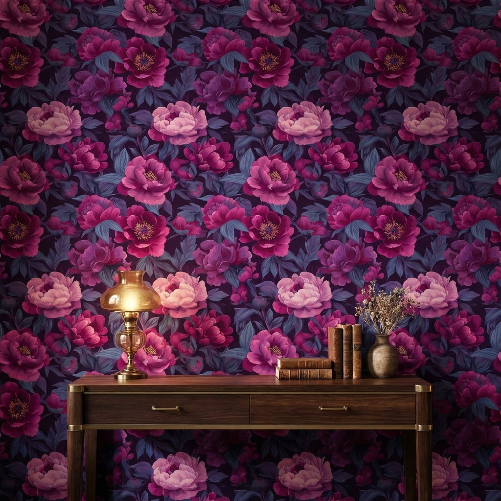 Büyük Çiçekli Duvar Kağıdı Mor Pembe Vintage Salon