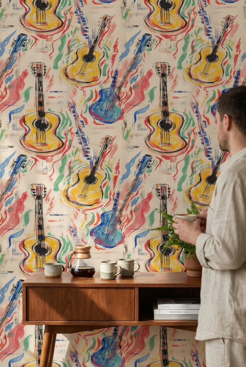 Renkli Gitar Desenli Duvar Kağıdı Modern Müzik Temalı