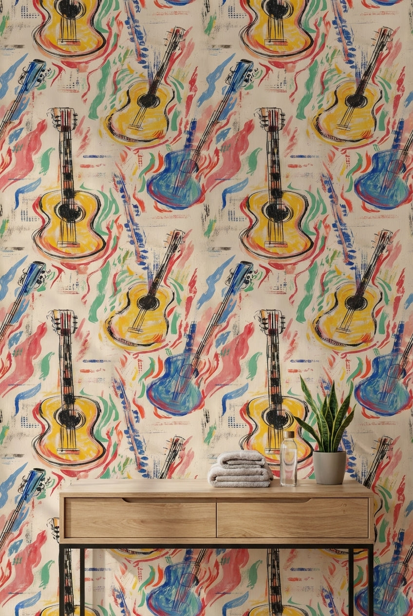 Renkli Gitar Desenli Duvar Kağıdı Modern Müzik Temalı