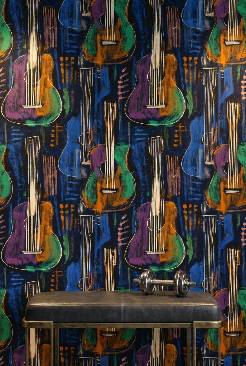Renkli Gitar Desenli Duvar Kağıdı Lacivert Müzik Temalı