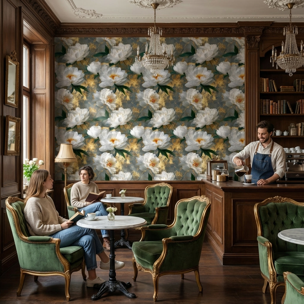 Beyaz Şakayık Çiçekli Duvar Kağıdı Altın Detaylı Salon