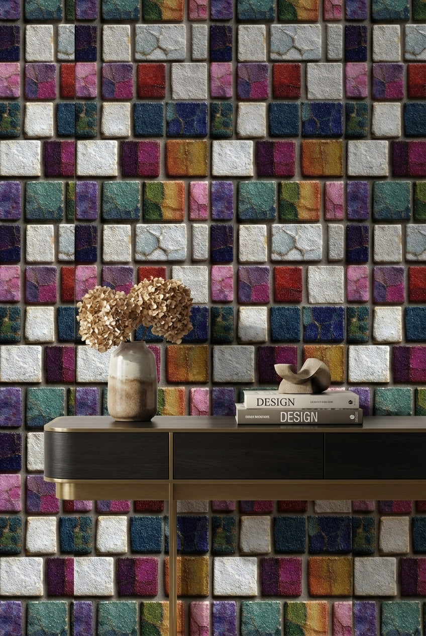 Renkli Mozaik Kareli Duvar Kağıdı Modern Salon Dekoru