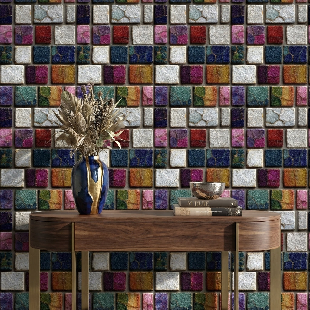 Renkli Mozaik Kareli Duvar Kağıdı Modern Salon Dekoru