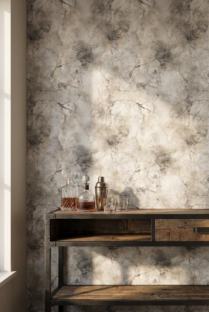 Beton Görünümlü Duvar Kağıdı Gri Çatlak Desenli Salon