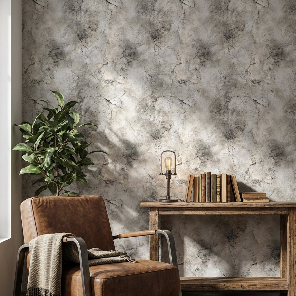 Beton Görünümlü Duvar Kağıdı Gri Çatlak Desenli Salon