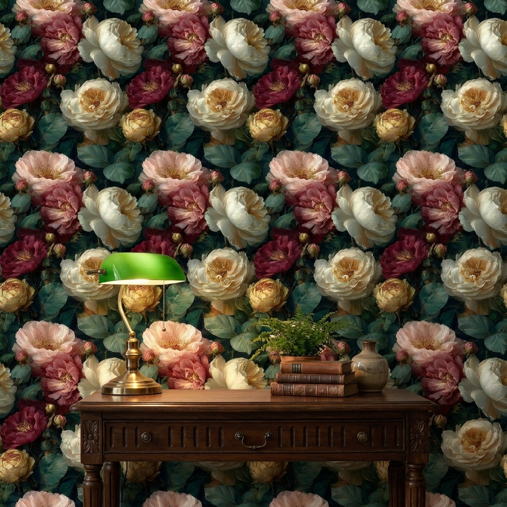 Büyük Çiçek Desenli Duvar Kağıdı Koyu Zemin Salon