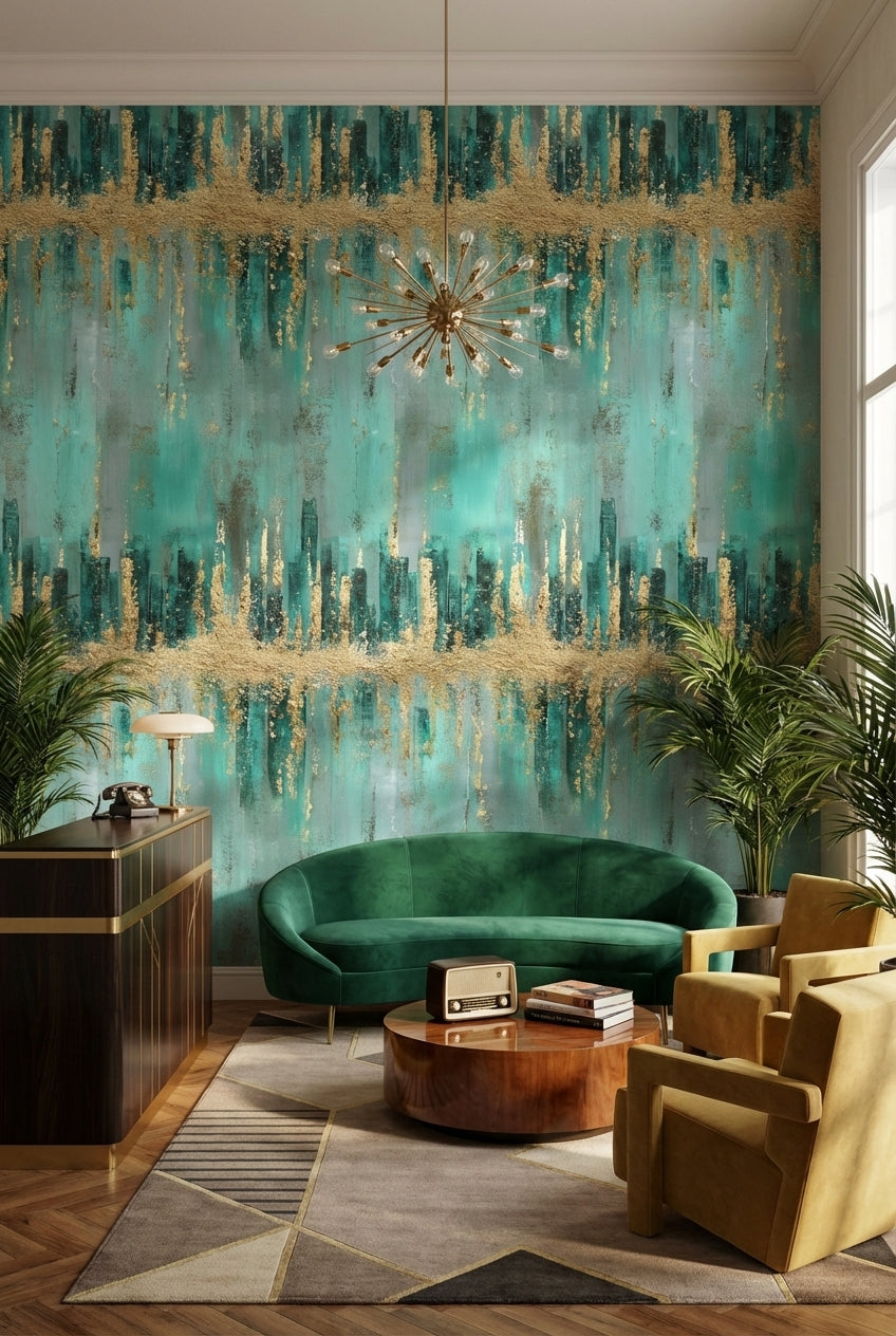 Soyut Altın Şeritli Duvar Kağıdı Turkuaz Modern Salon