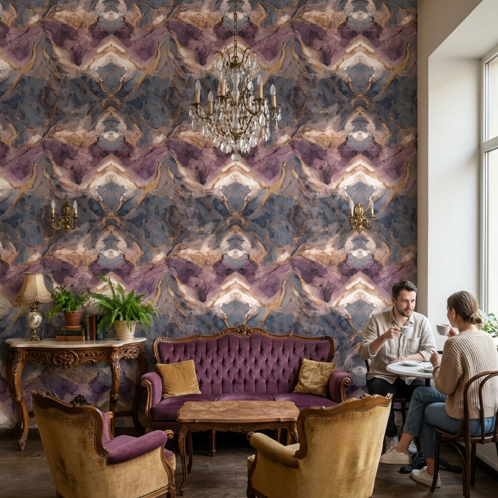 Mor Lacivert Mermer Desenli Duvar Kağıdı Geometrik Salon