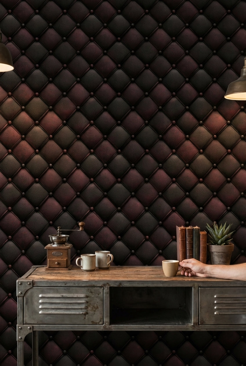 Kapitoneli Deri Görünümlü Duvar Kağıdı Bordo Siyah Salon