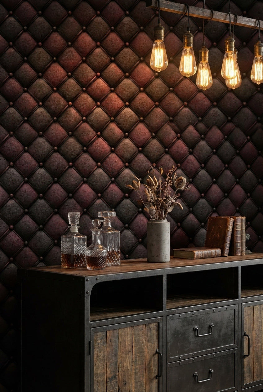 Kapitoneli Deri Görünümlü Duvar Kağıdı Bordo Siyah Salon