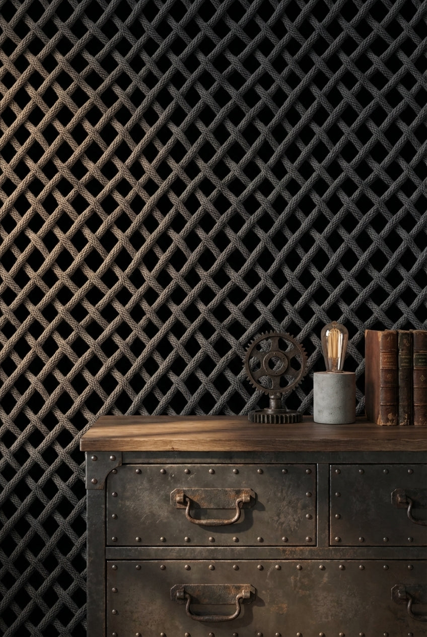 Halat Örgü Desenli Duvar Kağıdı Siyah Gri Endüstriyel