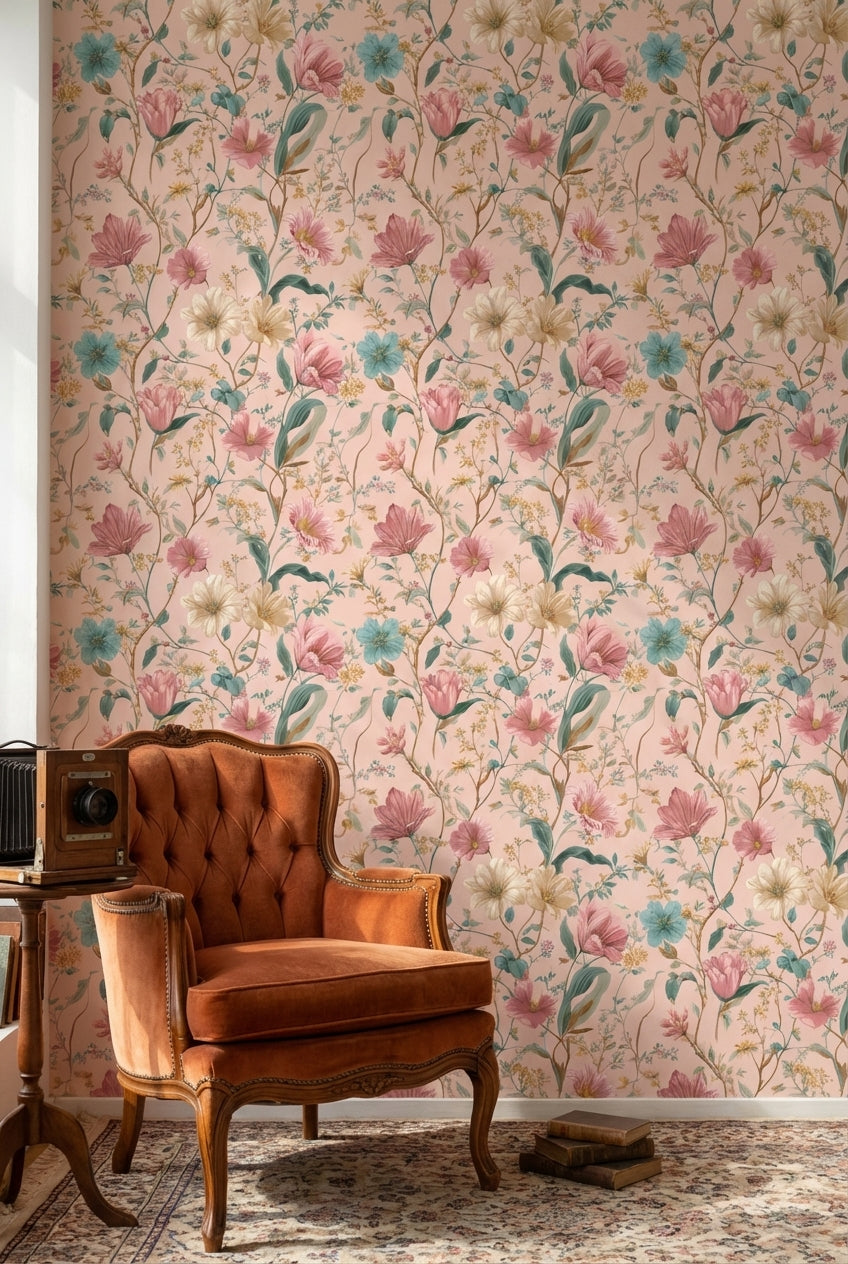 Pastel Çiçek Desenli Duvar Kağıdı Pudra Zemin Salon