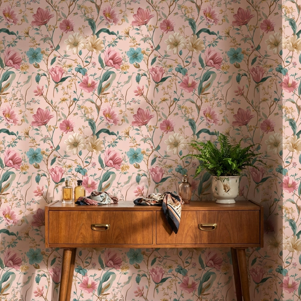 Pastel Çiçek Desenli Duvar Kağıdı Pudra Zemin Salon