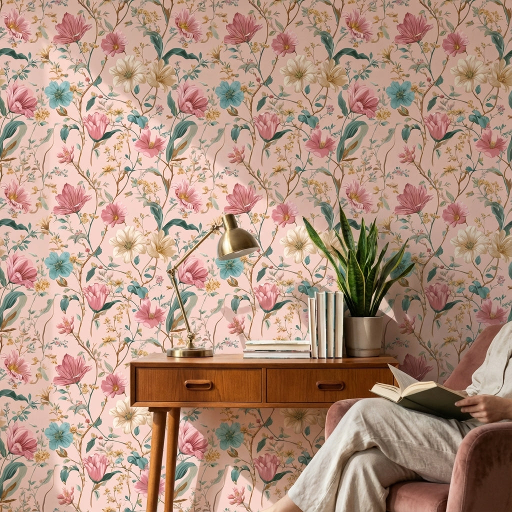 Pastel Çiçek Desenli Duvar Kağıdı Pudra Zemin Salon