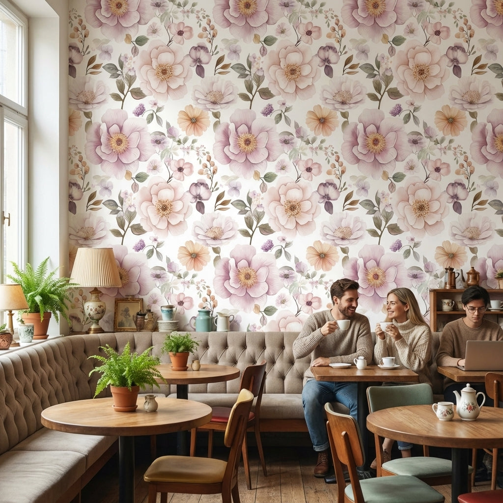 Pastel Çiçek Desenli Duvar Kağıdı Pudra Pembe Salon