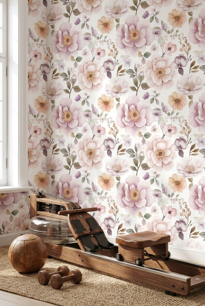 Pastel Çiçek Desenli Duvar Kağıdı Pudra Pembe Salon