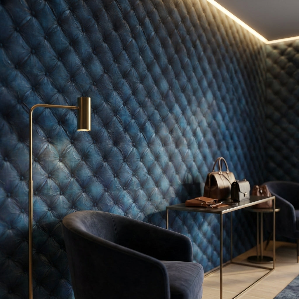 Kapitone Görünümlü Duvar Kağıdı Lacivert Salon Duvar Dekoru