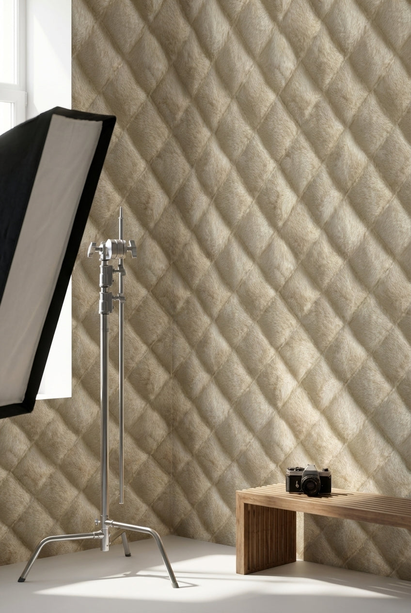 Kapitone Görünümlü Duvar Kağıdı Bej Modern Salon Duvarı