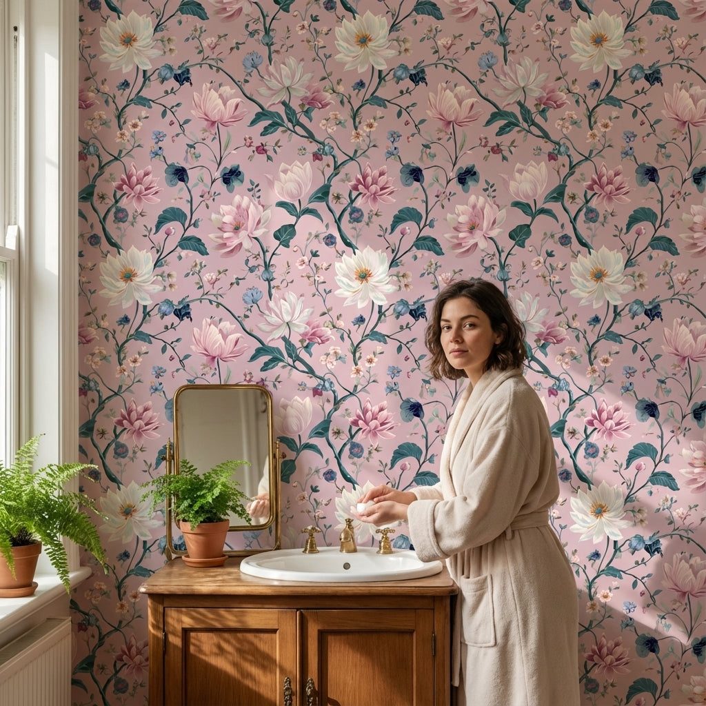 Pudra Pembe Çiçekli Duvar Kağıdı Vintage Botanik Desen