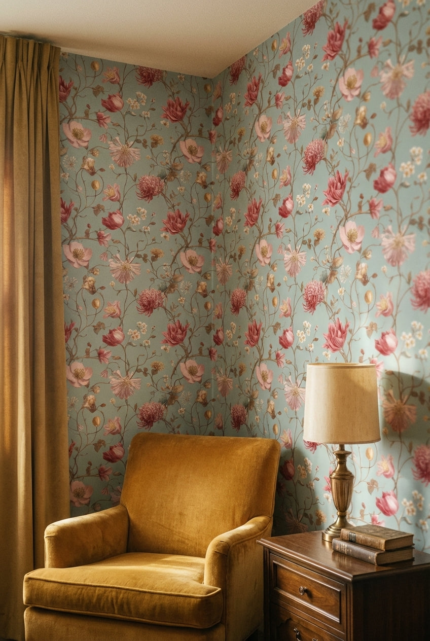 Pembe Çiçekli Duvar Kağıdı Mavi Zemin Vintage Salon