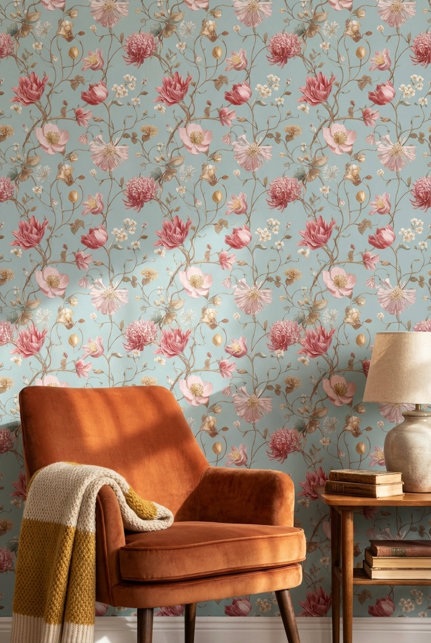Pembe Çiçekli Duvar Kağıdı Mavi Zemin Vintage Salon