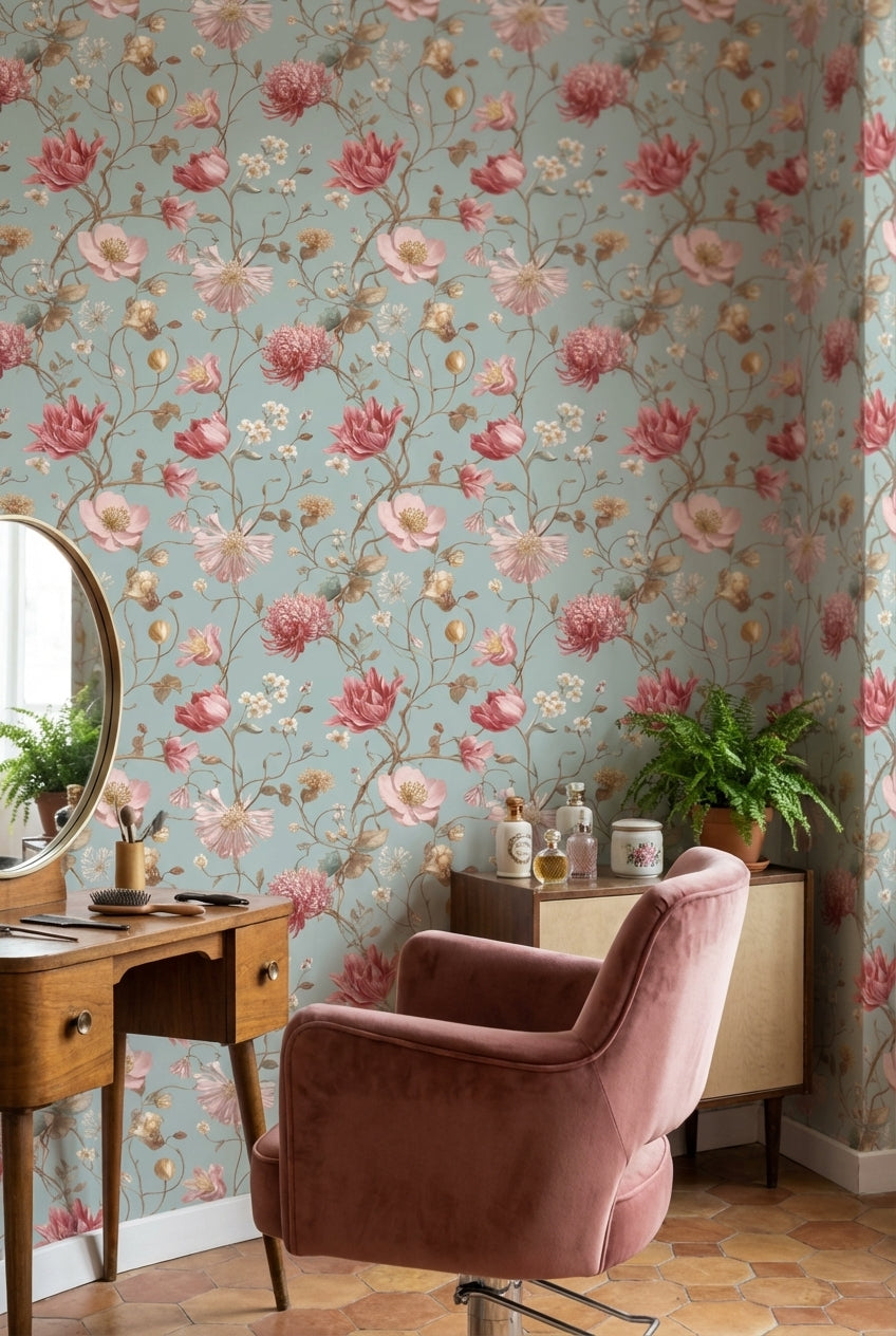 Pembe Çiçekli Duvar Kağıdı Mavi Zemin Vintage Salon