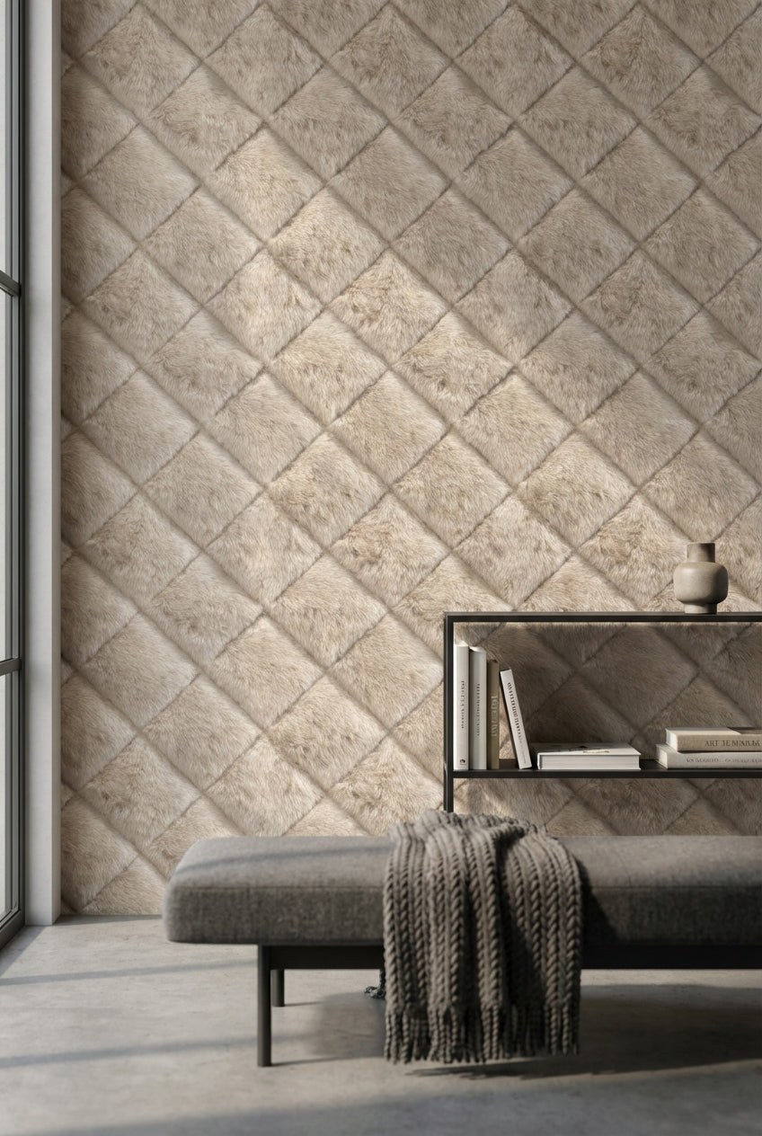 Kapitone Kare Desenli Duvar Kağıdı Bej Modern Dekor