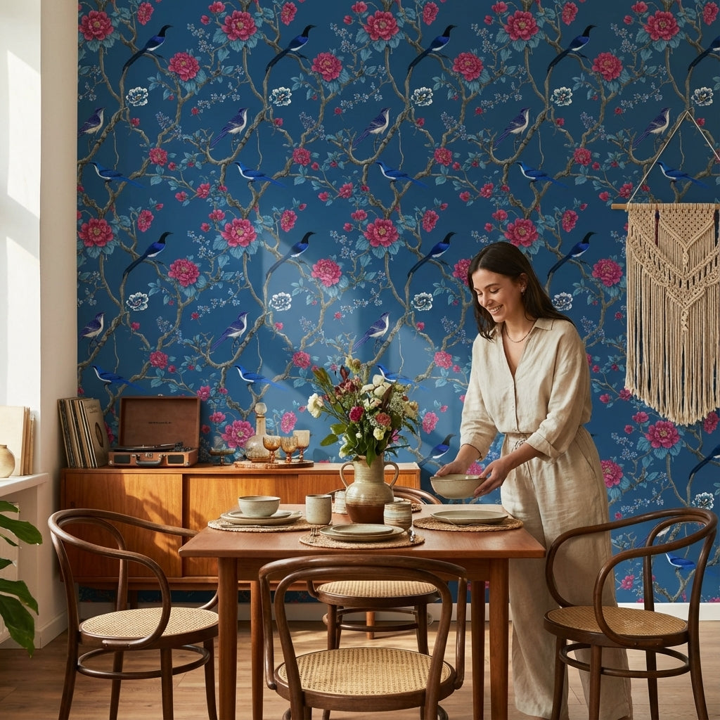 Kuşlu Çiçekli Duvar Kağıdı Lacivert Vintage Desenli Salon