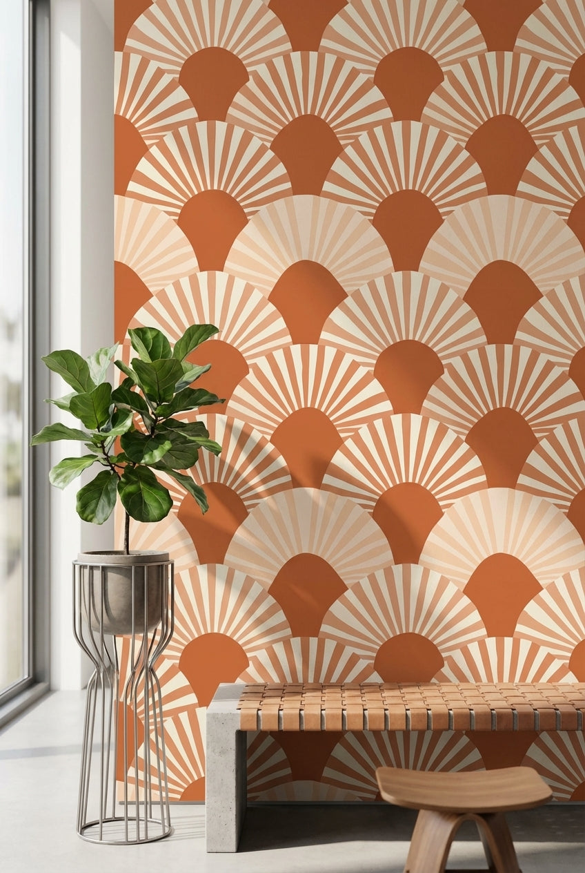 Art Deco Güneş Işınlı Duvar Kağıdı Kiremit Bej Desenli